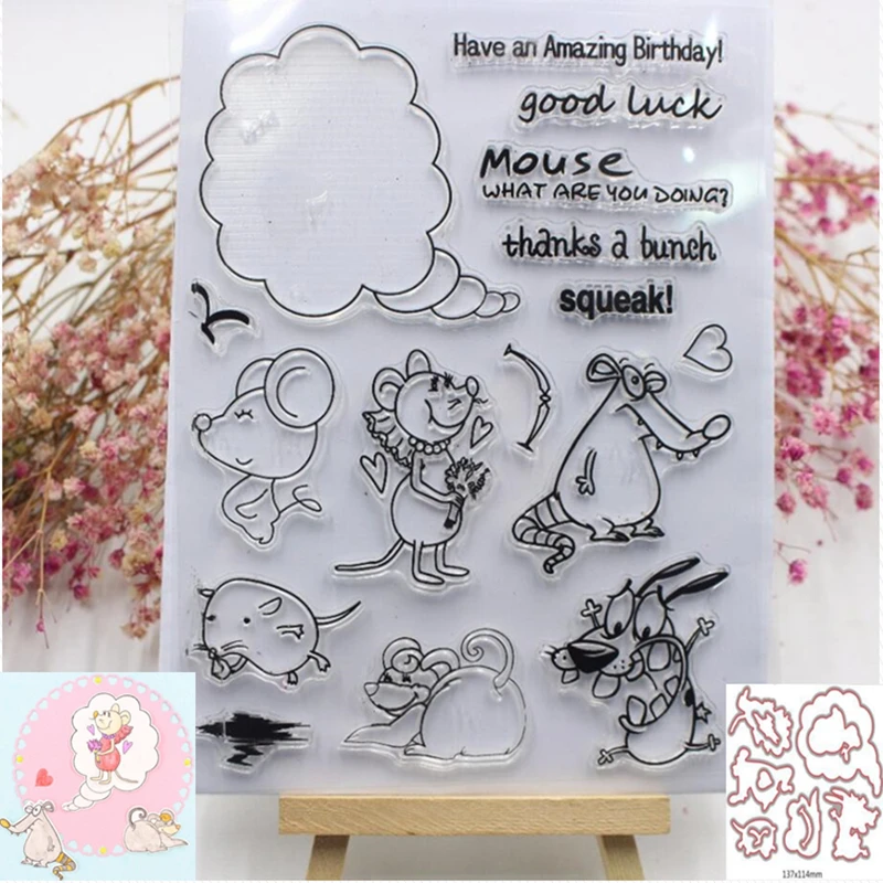 

Cute Mouse Metal Cutting dies and Clear Stamp Set for DIY Scrapbooking Photo Album Decoretive Embossing Stencial