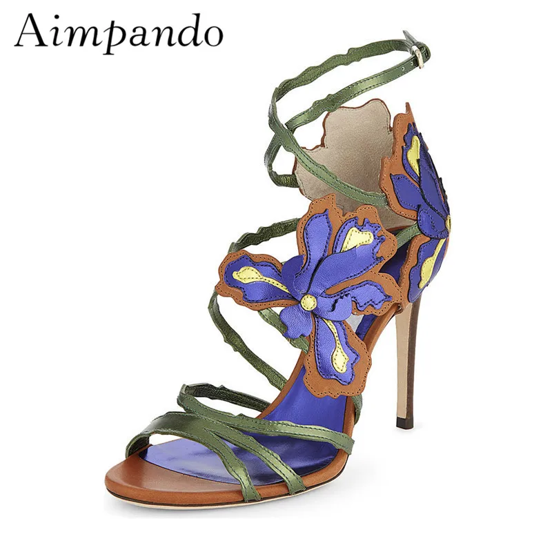 

Sewing Flower Vine Gladiator Sandals Women Thin High Heels Cross Narrow Band Buckle Strap Party Shoes Woman Summer