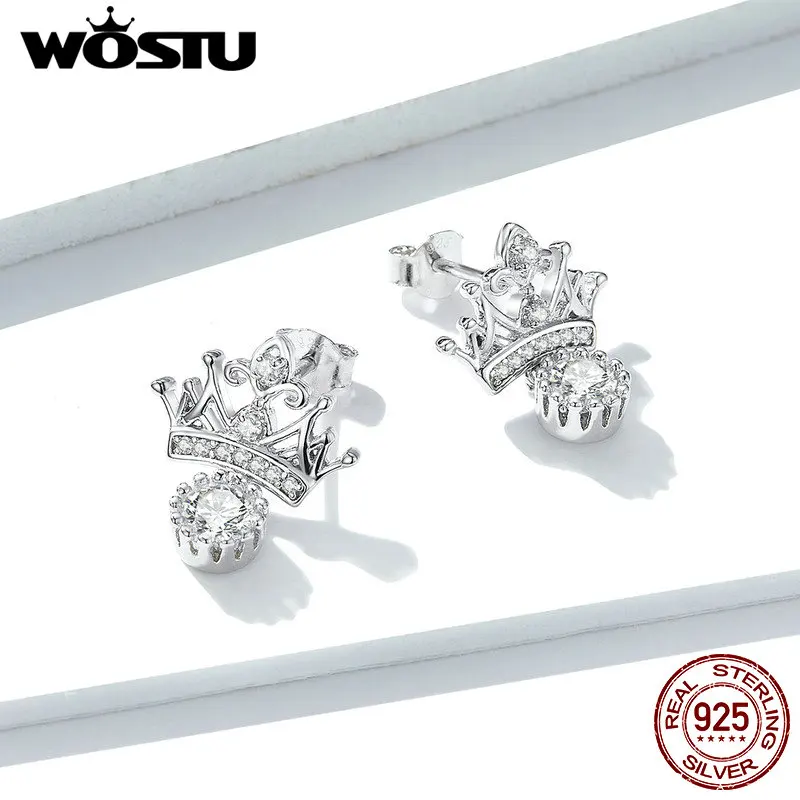 WOSTU 925 пробы серебряные серьги-гвоздики, блестящие циркониевые серьги в форме короны для женщин, свадебные ювелирные изделия в Корейском стиле CTE244