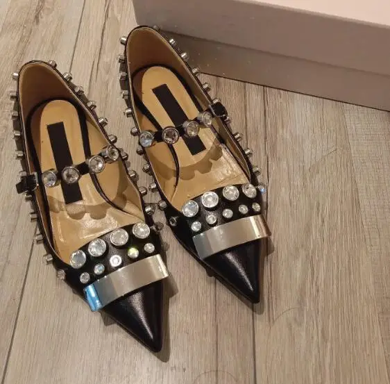 

BONJEAN Fashion Pointed Toe Crystal Embellished Woman Flat Ankle Strap Satin Dress Shoes Rivets Studded Ladies Single Shoe