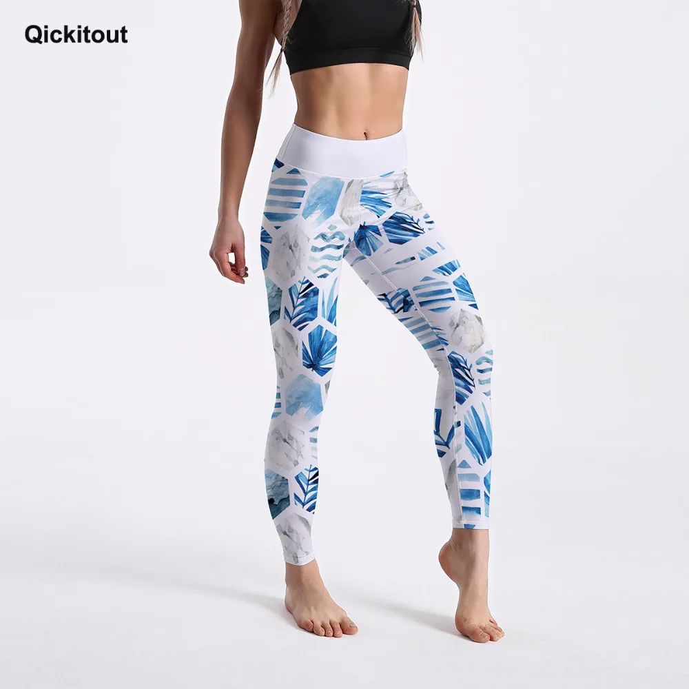 Qickitout Light Blue Leggings Women's Leggings Hexagon Geometric Design Into Leaves Legging High