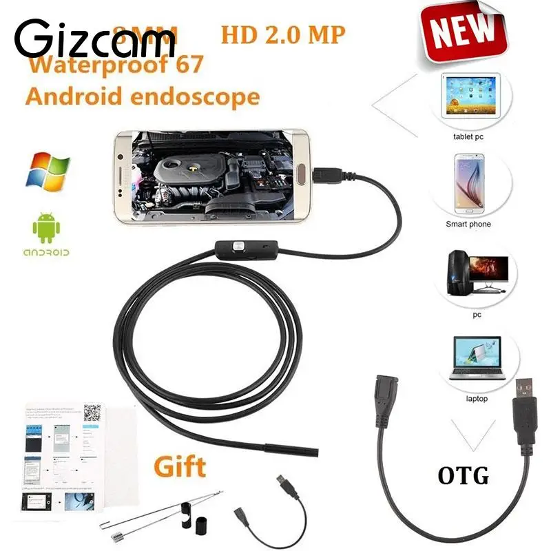 

Gizcam high quality 1m 8mm USB Endoscope for Android OTG 2MP Endoscope Waterproof 6LED USB Inspection Tube Video Micro Camera