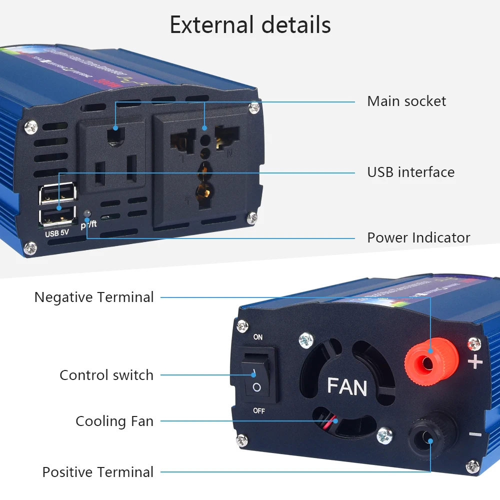 300 Вт Синусоидальная волна ультра-компактный автомобильный инвертор 12 В DC вход до 110 В AC выход с 2 AC розетки и USB порт конвертер