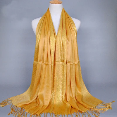 Hijab Femme Musulman Luxury Sparkly Gold Bright Silk Scarf Women Print Scarves Wraps Men Stoles Bandanas Bufanda Unisex Hombres 