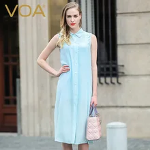 VOA crepy Lapel sleeveless shirt female aqua green fashion loose color buckle silk long simple long coat women B5936