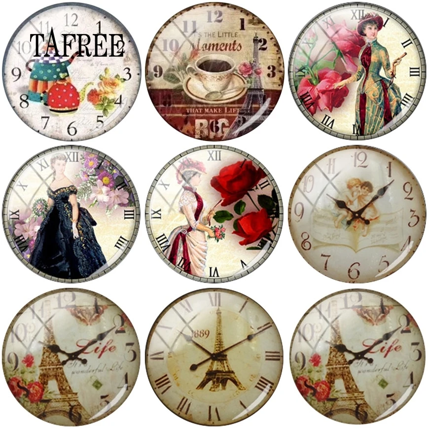 

TAFREE Vintage Clock Picture 12/15/16/18/20mm Flatback Round Glass Cabochon Gem DIY Jewelry Making Accessories Pendant Flatback