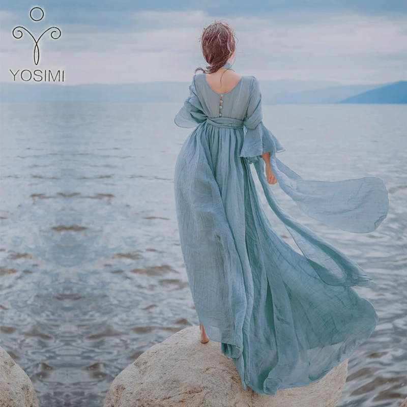YOSIMI 2018 Summer Long Woman Dress Party High Quality Maxi Elegant Cotton And Linen Fairy Long Dress For Travel V-neck Loose