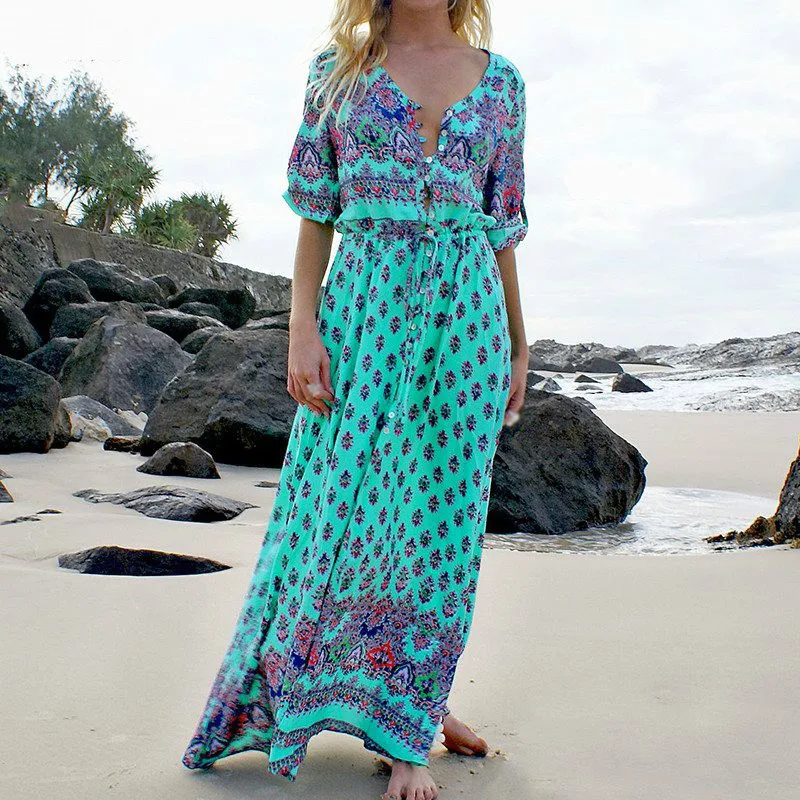 Длинное платье с цветочным принтом, летнее женское пляжное макси платье с v-образным вырезом в богемном стиле