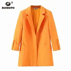ROHOPO Женский оранжевый Блейзер Офисная Женская верхняя одежда на осень британский зубчатый шик женский однотонный драпированный рукав