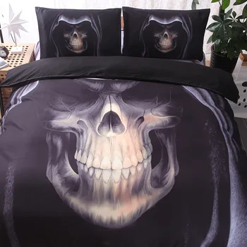 

3D Black Skull Print Duvet Cover Set 3pcs Double Queen King Bedclothes Bedding Sets Cotton Bed Linen Set Decor (No Bed Sheet)