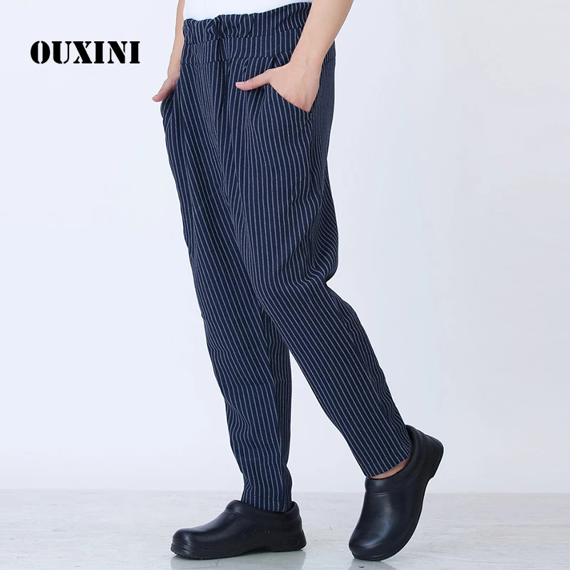 

new fashion food service chef trousers work pants blue stripes chef trousers men and women chef trousers