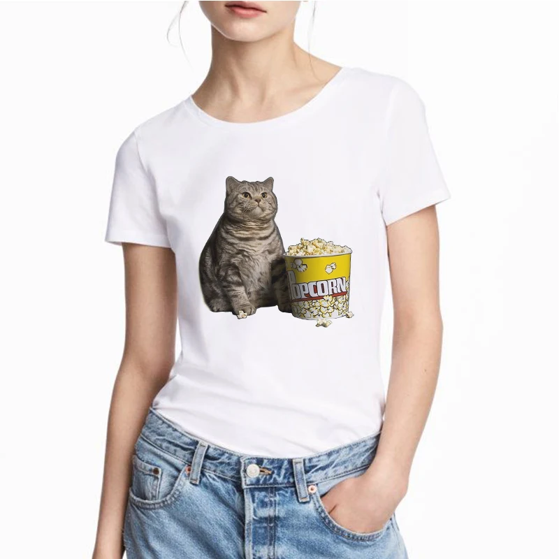 Женские футболки Харадзюку с изображением кота попкорна, 2019, Kawaii, кот, животное, Tumblr, топ, забавная белая футболка, уличная футболка Ulzzang