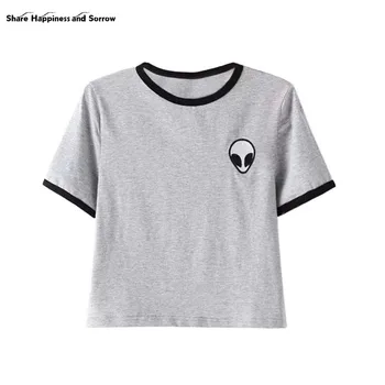 Women Loose Print Short Sleeve Tee Shirt Casual Crop Top Alien Printing T-Shirt 13 Colors