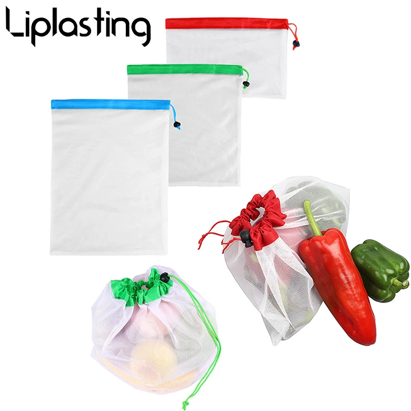 

3Pcs/lot Mesh Fruit Vegetable Bags Storage Bag with Drawstring Machine Washable For Home Kitchen Organizer Reusable Produce bags