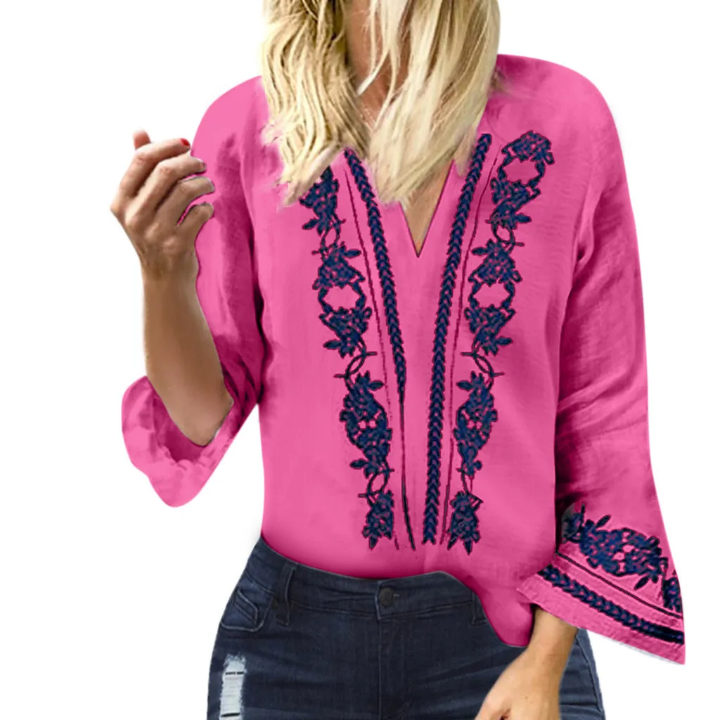 

2019 Fashion Summer Comfortable Women Fashion Ladies V-Neck Print Flare Long Sleeve Bohemia Pullover Tops Shirt Drop Shipping