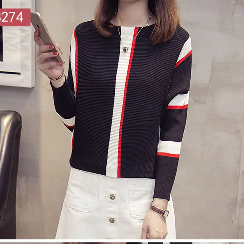 Tanie Kobiety w paski swetry i pulowery 2019 jesień moda kobiet nowy nabytek dziergany sweter topy luźne eleganckie bawełniane Pull Jumper