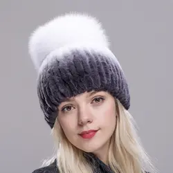 FXFURS меховая шапка для женщин 100% натуральный Рекс кролик принцесса шапка с роскошным лисьим мехом Топы новые толстые женские зимние вязаные