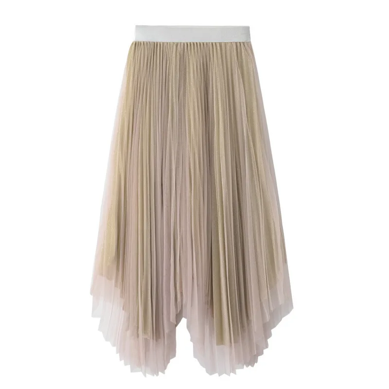 Длинная юбка весенне-летняя юбка новая юбка феи с вуалью Асимметричная плиссированная юбка яркие шелковые юбки - Цвет: Бежевый