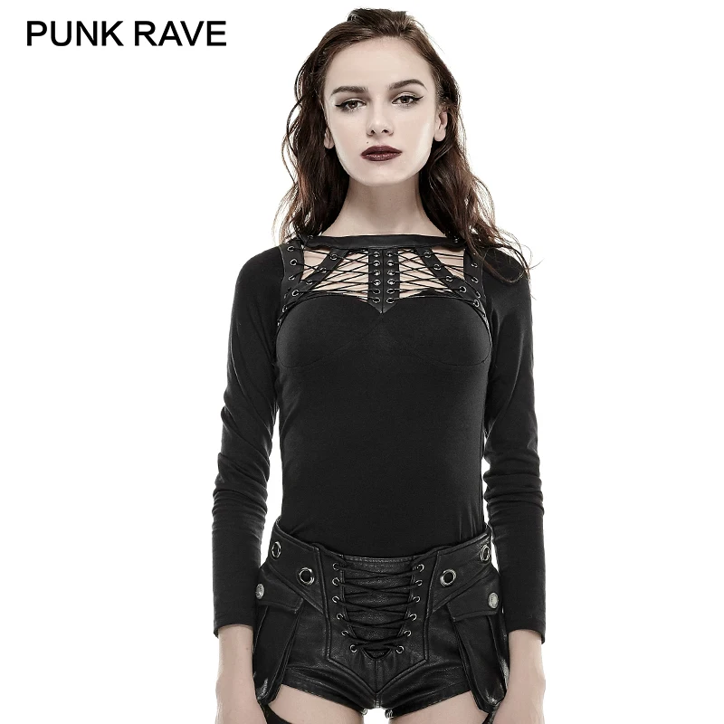 

PUNK RAVE Black Spider Pattern Bandage Punk rock T-shirt Skinny Backless Solid Long Sleeve Female Tees unique tshirt japanese