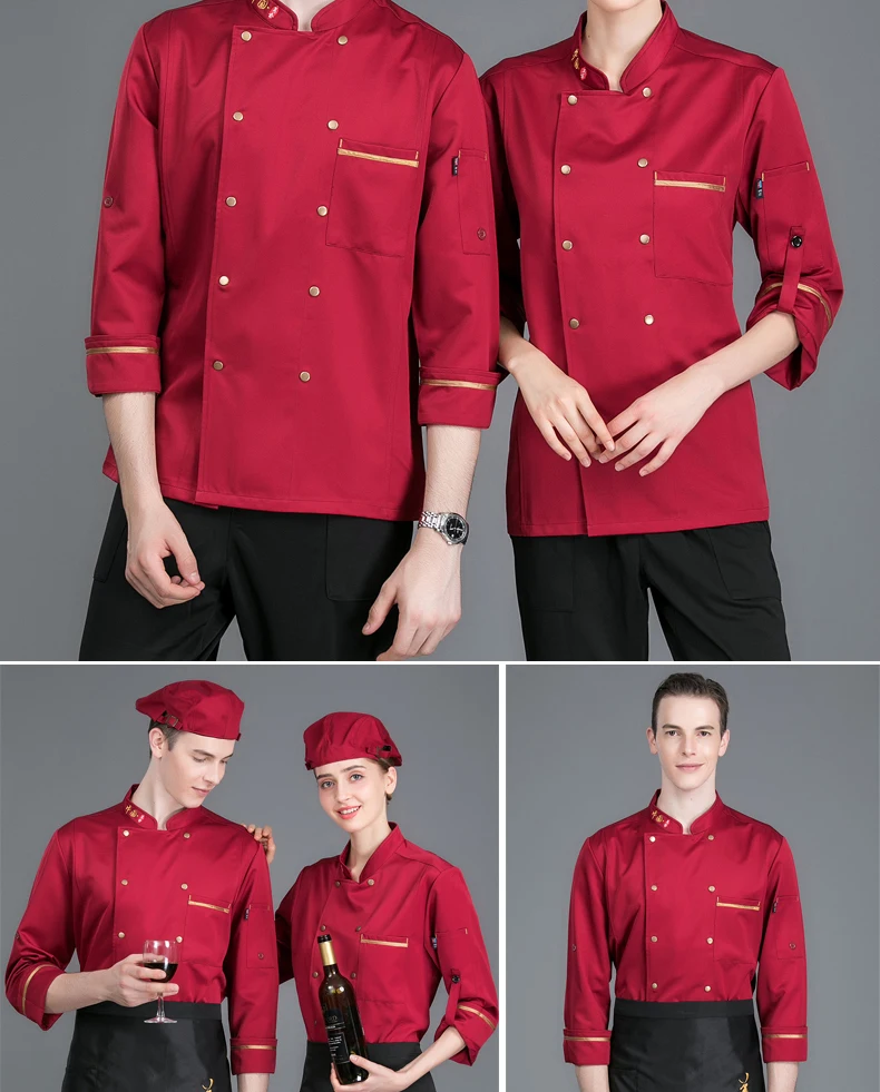 Антистатические камвольно шеф-повар куртки двубортный регулируемым длинным рукавом ресторан, пекарня рабочая одежда официанта Кухня