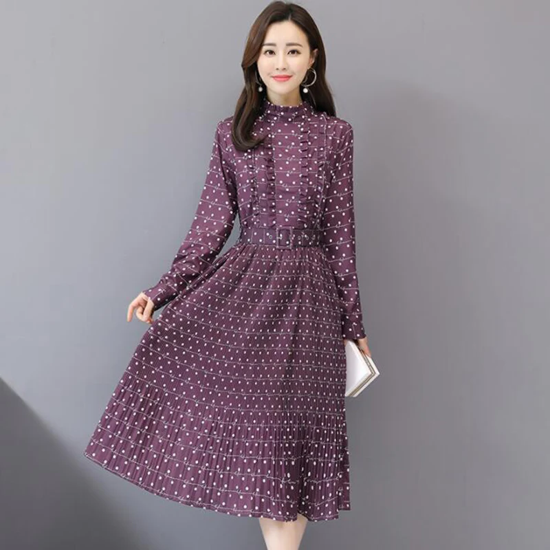 

Vintage Pleated Dress Women 2019 Spring Long Sleeve O-Neck Elegant Slim A-line Dress Women's Dot Printed Party Dresses