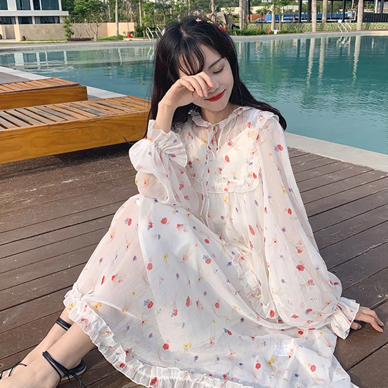 

Women's Clothing chiffon summer dress women kawaii print ruffle o-neck lantern sleeve sweet Dresses ulzzang women dress new
