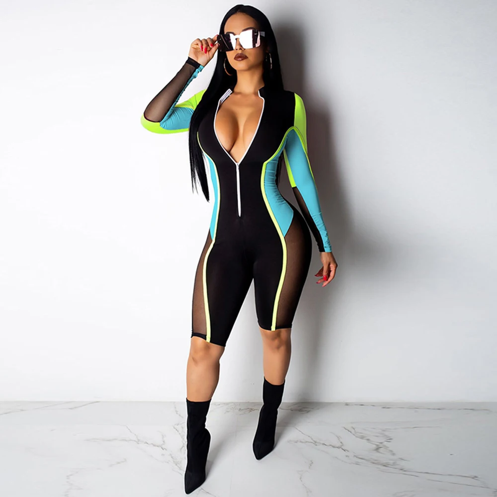 Весна сетки Сращивание Playsuit женская уличная передняя молния с длинным рукавом мото Байкер комплект с шортами сексуальный комбинезон