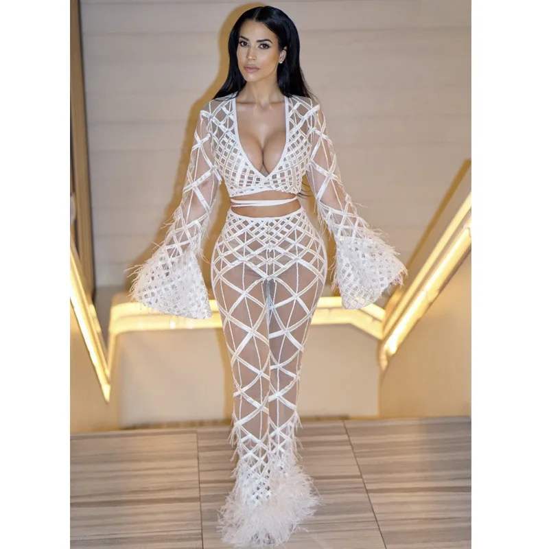 Women's Sexy Clubwear Two Piece Set - Adogirl Feather Lace Sequins Sheer Mesh Deep V Neck Bell Sleeve Lace Up Crop Top and Flare Pants Outfit image 3