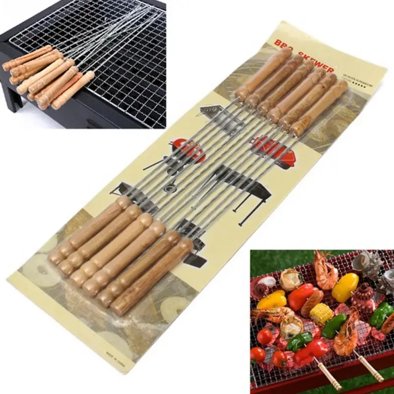 12pcs / Set Stainless Steel BBQ Tools Thickened Wood Handle Barbecue