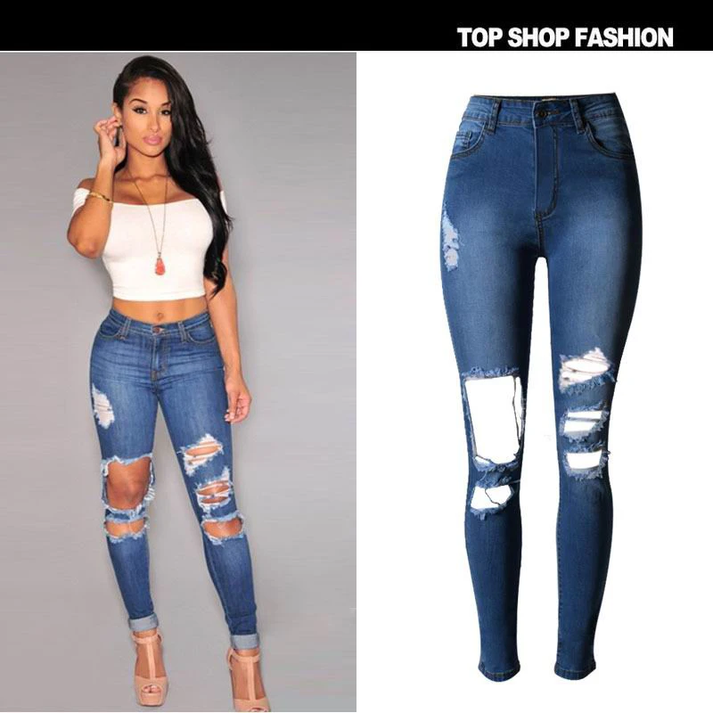 Estiramiento Completa 2018 De Moda Pantalones Vaqueros Ripped Alta Mujeres Cintura Skinny Denim Longitud Hole Pencil qSSOAxB