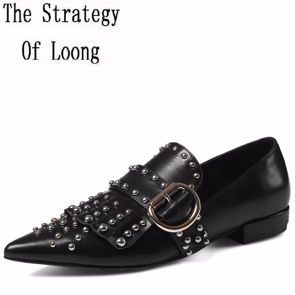 Full Grain Leather Rivets Buckle Pointed Toe Spring Autumn Flat Casual