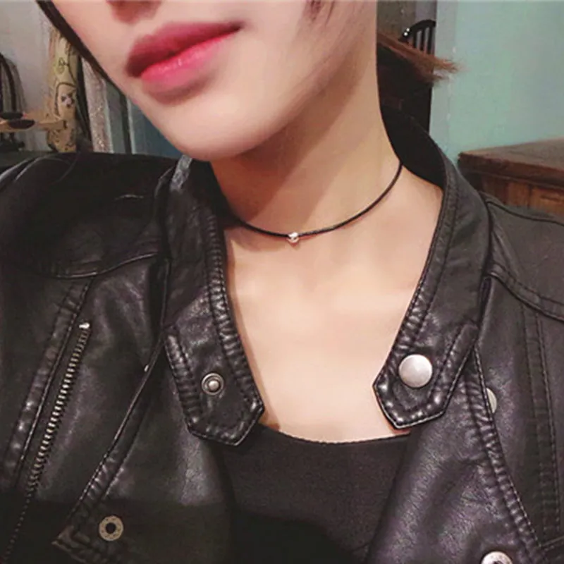 2016 Simple Fashion Choker Necklace Thin Black Leather Rope Necklaces With Silver/Gold Plated Metal Beads Short Necklace Women