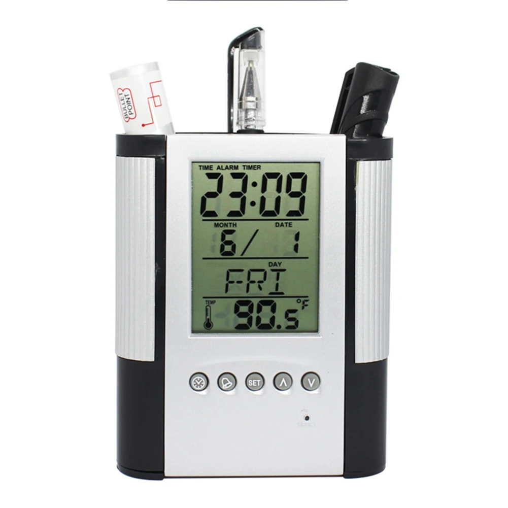 

ABS Practical Home Alarm Clock Container Office Timer Desk Electronic Calendar Pen Holder Temperature LCD Multifunctional