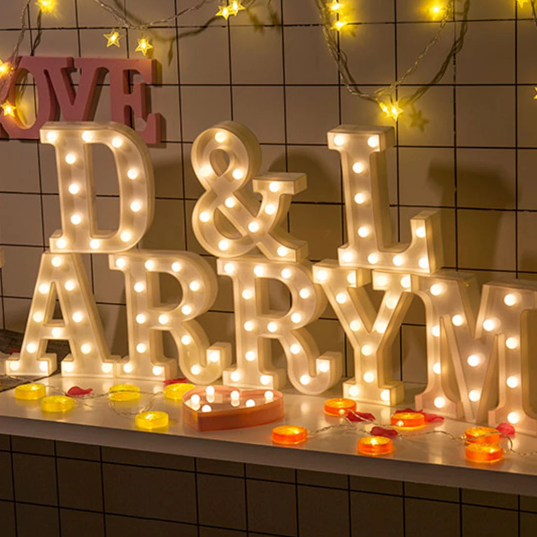 

Wedding Decoration Birthday Party lamp plastic led confession creative 0.6W 22CM 3D 26 White Letter LED Sign Marquise Light