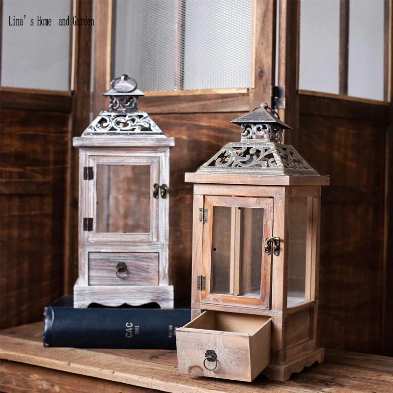 

handmade distressed country style decorative candle lanterns with drawer