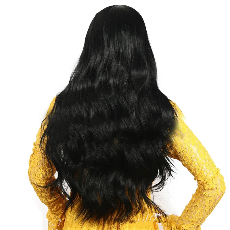 Парики Мода высокое качество натуральный женские длинные вьющиеся волосы большие волны черные синтетические волосы парики челнока Feb27