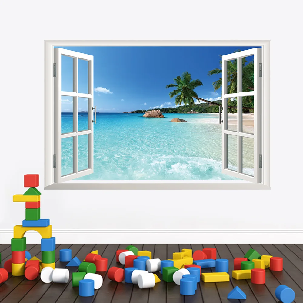 3D Beach Sea Window Wall Sticker decal Decals Wallpaper wall stickers home decor Mural Home