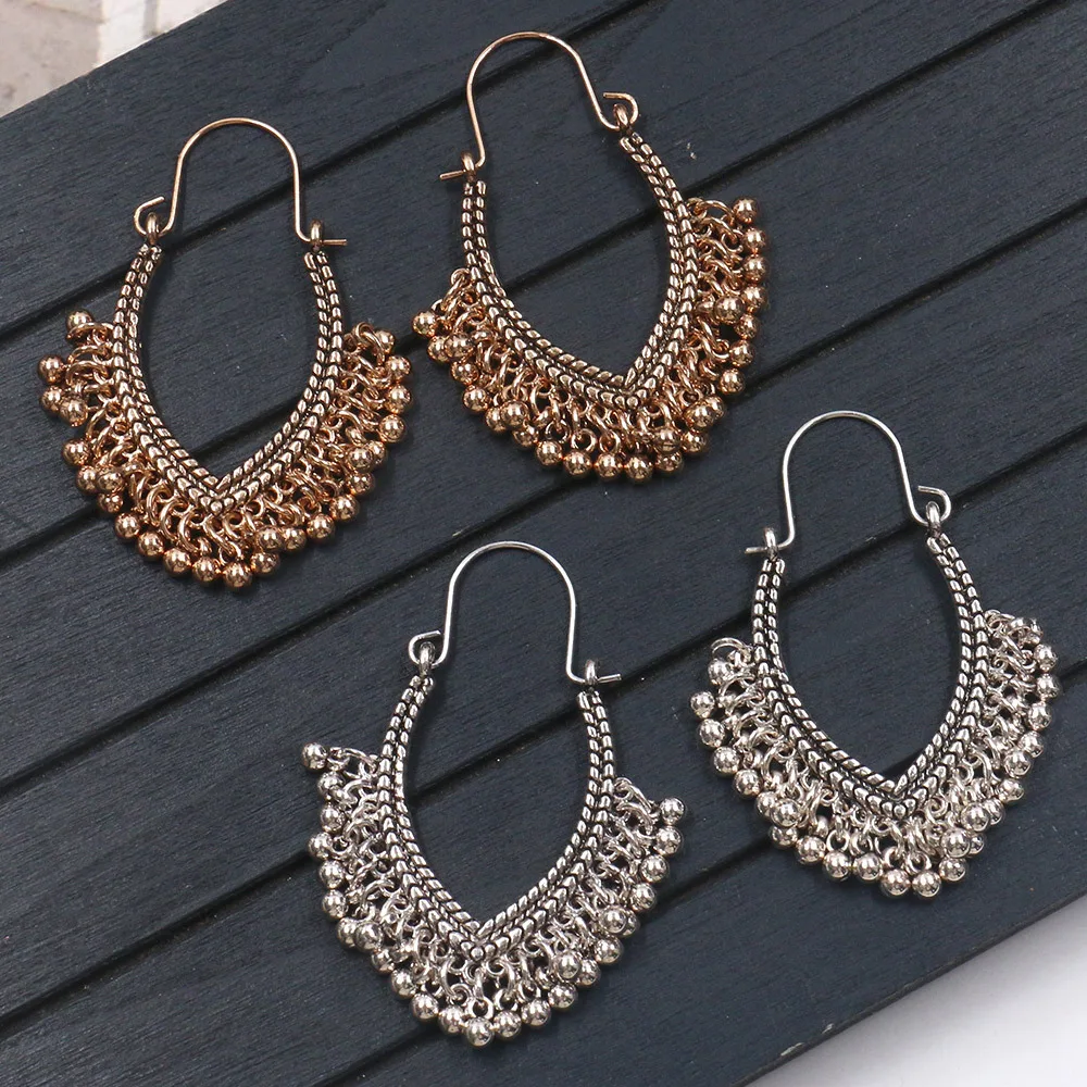 

Women Vintage Ethnic Golden Silver V-type Rice Beads Hoop Earrings For Female Party Wedding Jewelry