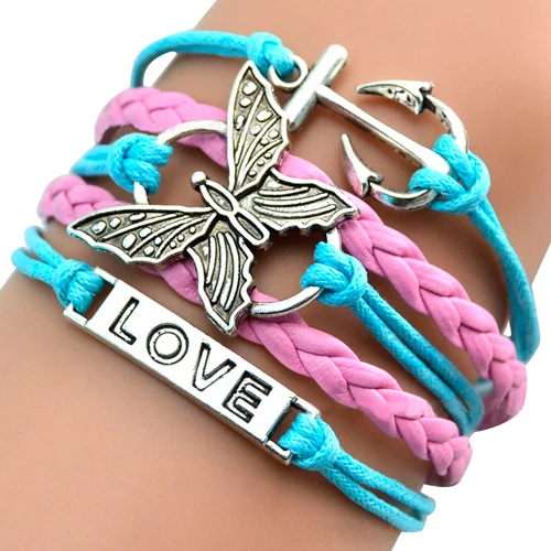 Мода 2015 Бабочка Старинные Ручной Многослойные Leather Charm Цепь Любовь Браслет