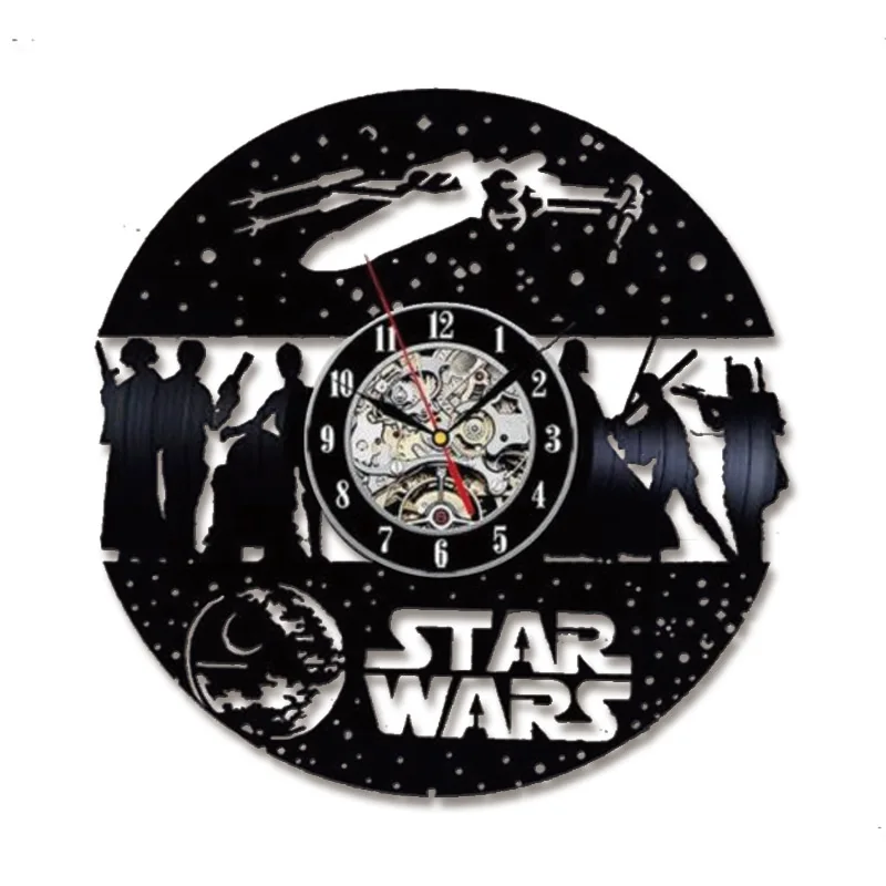 Vinyl Record Wall Clock Star War Theme Silent CD Record LED Clocks For Living Room Hanging Watch With 7-Color Lights Home Decor