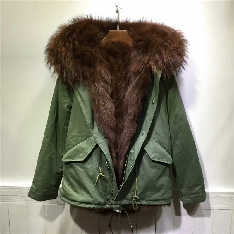 2016 winter warm army green hooded jacket brown fox fur coats mr mrs furs parkain Faux Fur from