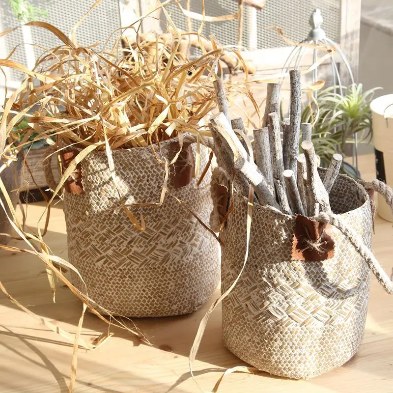 

1pc Family Natural Seaweed Woven Storage Tank Garden Vase Hanging Basket with Handle Belly Decoration