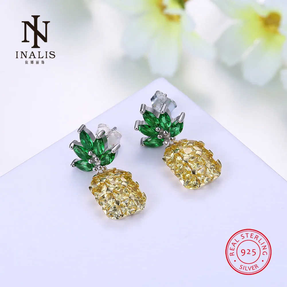 

INALIS Fashion Pineapple Stud Earrings Crystals Bijoux 925 Sterling Silver Fine Wedding Dress Jewelry for Women Gift