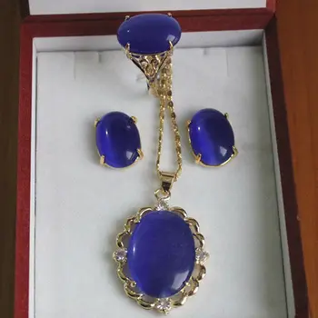 

lady's noblest gp Inlay dark blue cat eye stone Necklace Earring Ring set