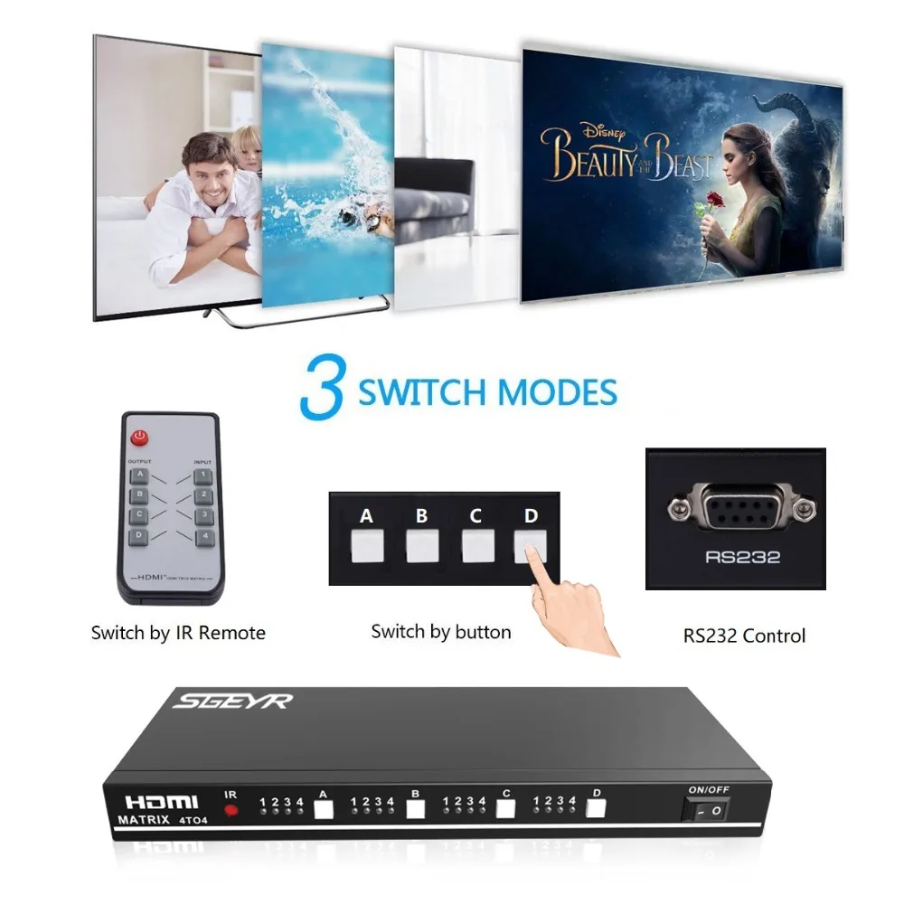 HDMI True Matrix SGEYR 4x4 HDMI Matrix Switch Splitter 4 input 4 output with Remote control RS232 Support Full 3D 1080P HDCP1.3 HDMI True Matrix SGEYR 4x4 HDMI Matrix Switch Splitter 4 input 4 output with Remote control RS232 Support Full 3D 1080P HDCP1.3