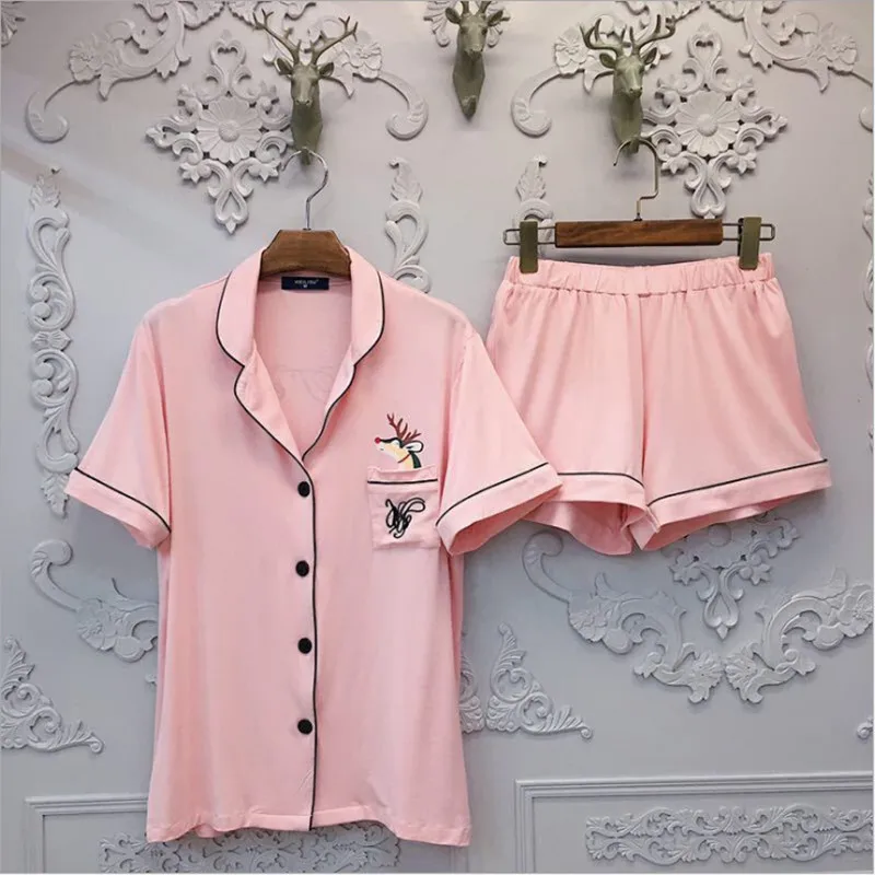 Women pajama sets modal cartton cute deer printed spring summer grey black pink color high quality brief pyjamas for ladies