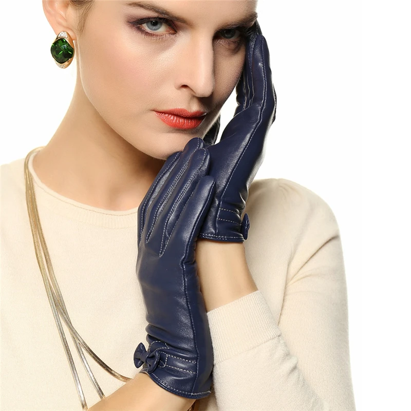 Новинка, женские перчатки из натуральной кожи, женские перчатки из овчины с бантом на запястье, весенне-осенние тонкие бархатные рукавички, L101PQ-1