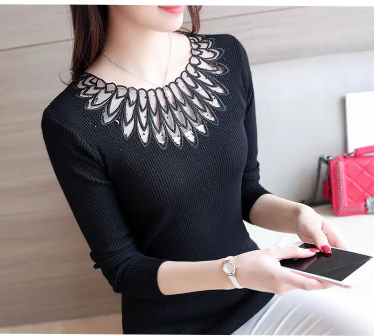 High Elastic Knitted Sweater Women 2019 Autumn Lace Patchwork Sweaters And Pullovers Lady Long Sleeve Red Pull Femme Hiver (10)
