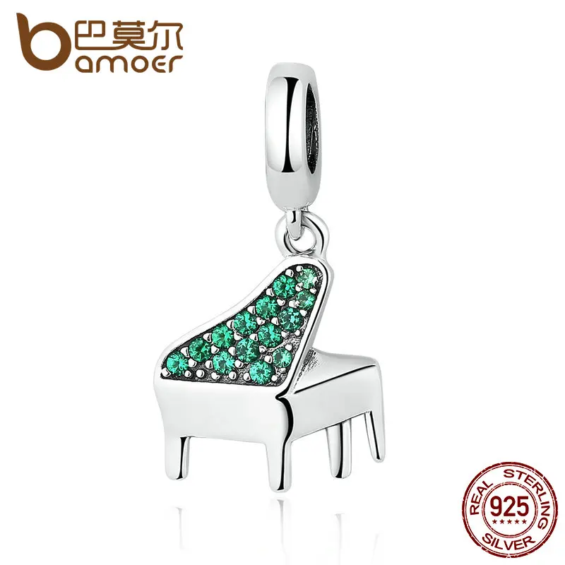 BAMOER Real 925 Sterling Silver Green Clearly CZ, Music Piano Pendant Charms fit Bracelets Women Fashion Jewelry SCC111