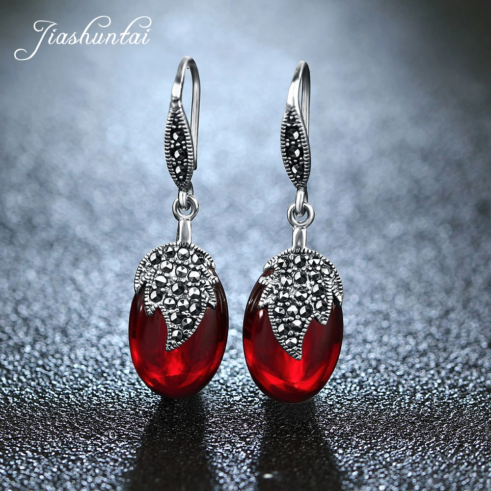 JIASHUNTAI Vintage Red Gemstone Earrings Retro 100 925 Sterling